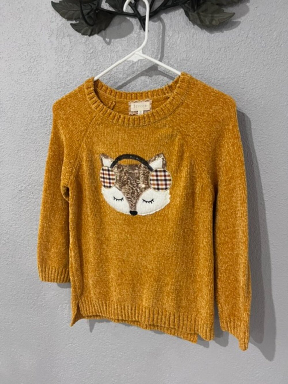 Girls Mustard Yellow Chenille Sweater Sequined Fox Plaid Earmuffs Size 12